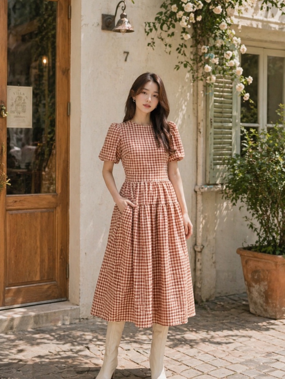 NWOT En Saison Juni Round Neck Bubble sleeve Midi Dress